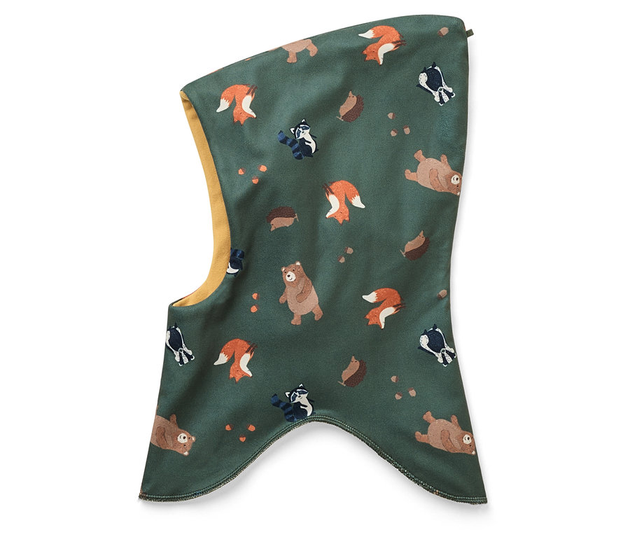 Zöld símaszk barna medvékkel, rókákkal, mosómedvékkel és sünökkel.