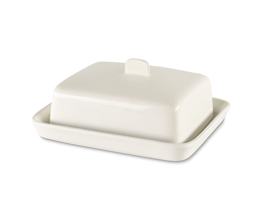 Egy fehér porcelán vajtartó.