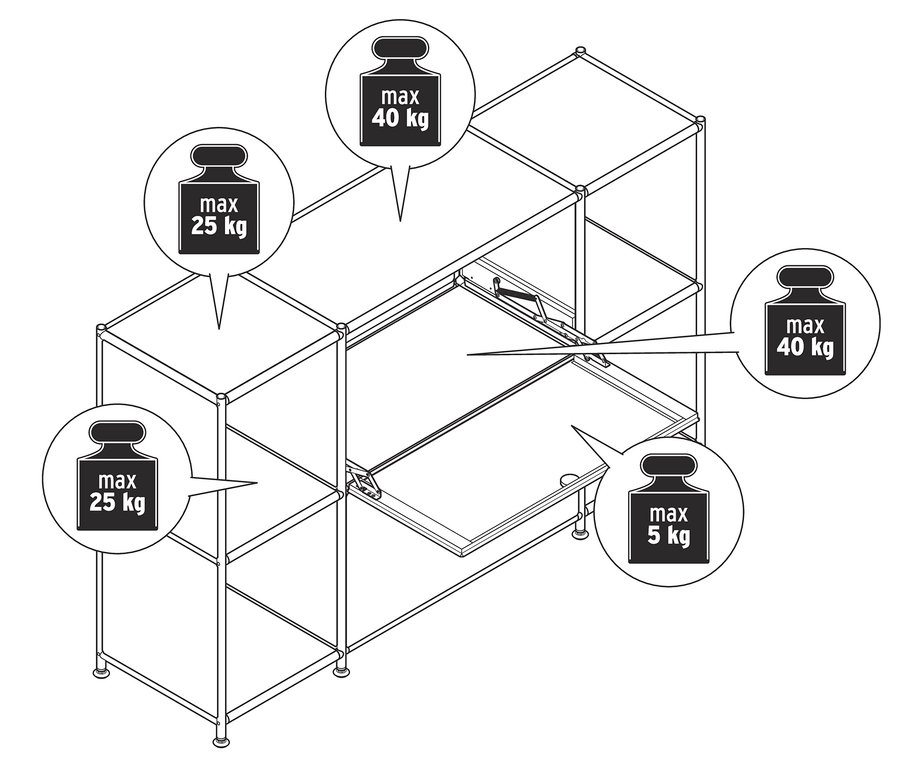 Vázlat egy »CN3« polcos komódról 2 lenyitható ajtóval, a maximális terhelhetőség feltüntetésével.