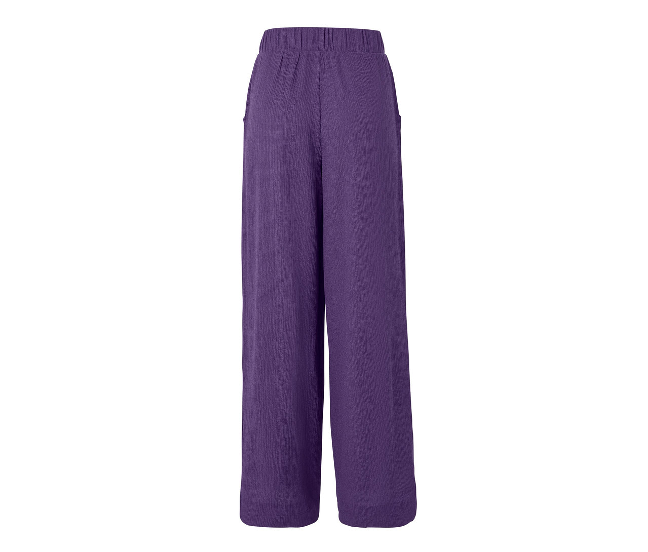 Lila, strukturált anyagú, bő szárú nadrág.