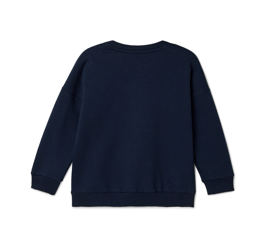 Sötétkék, hosszú ujjú, kerek nyakú pulóver, hátulnézet.