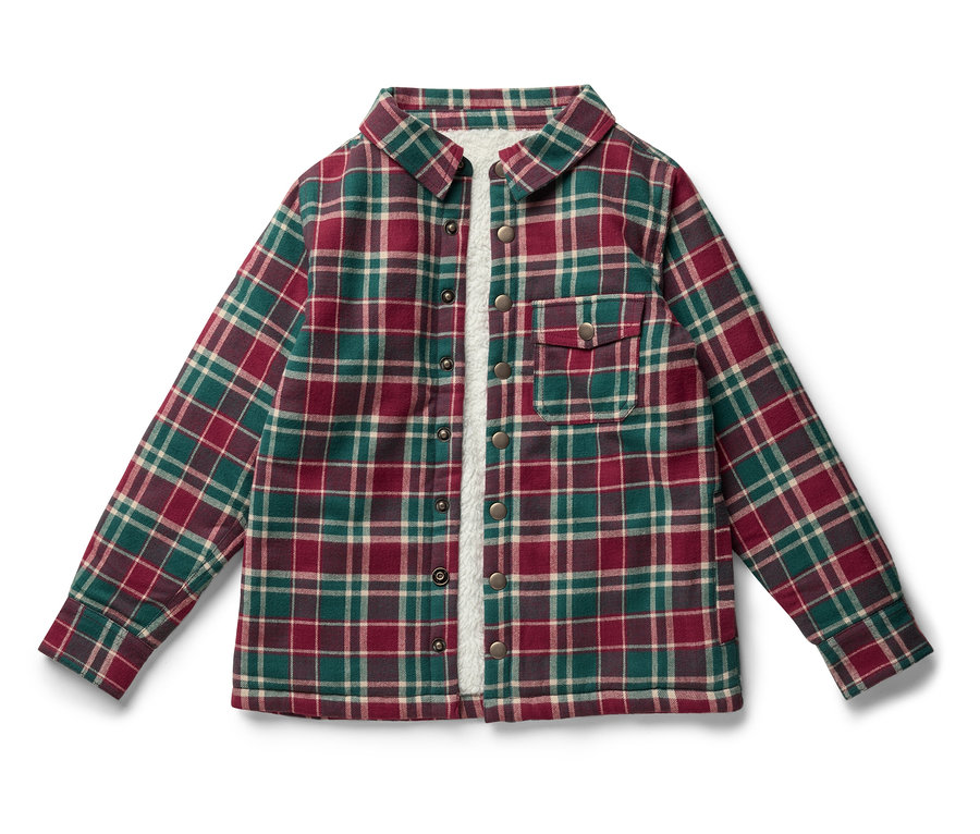 Egy zöld, piros és bézs kockás mintájú, hosszú ujjú ing kiterítve.