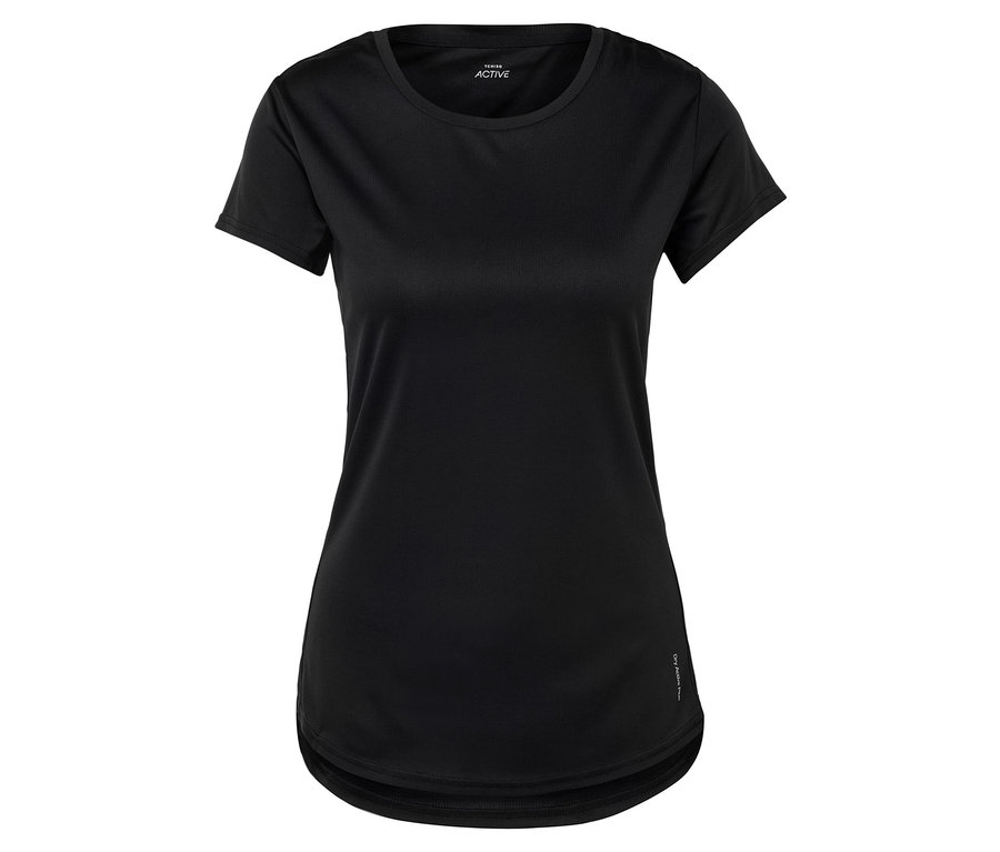 Fekete, rövid ujjú sport póló fehér háttérrel.