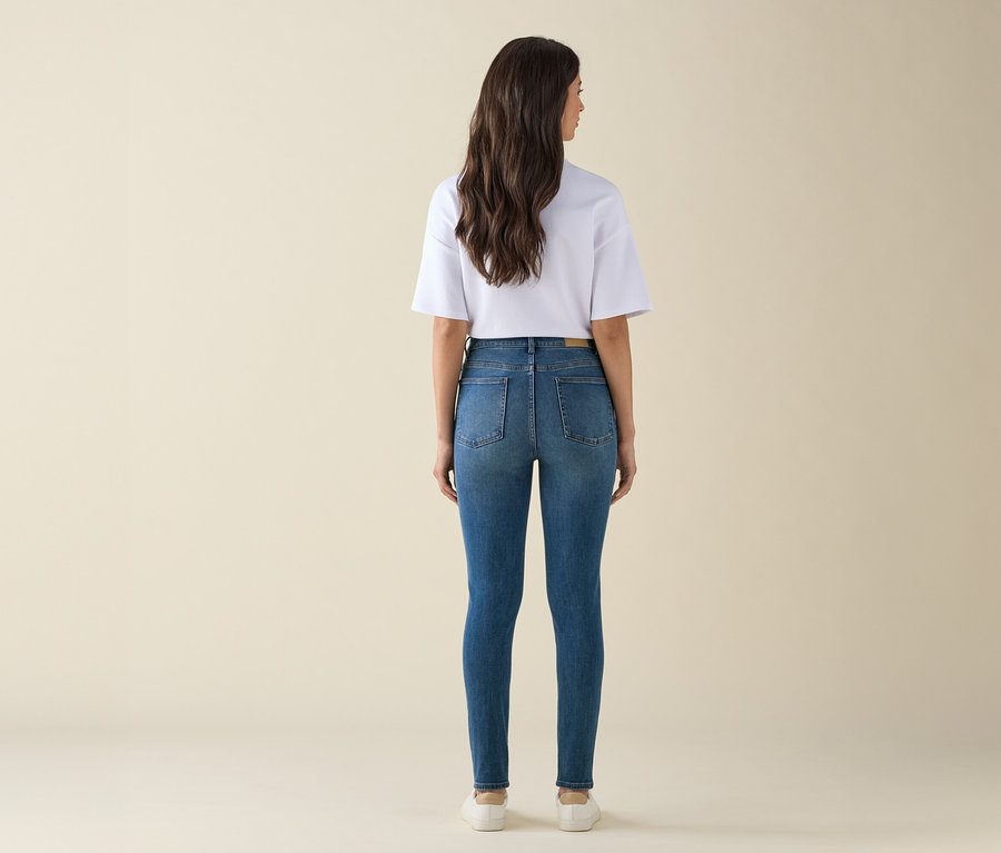 Hátulról látható egy hosszú, barna hajú nő fehér pólóban és kék farmerben.