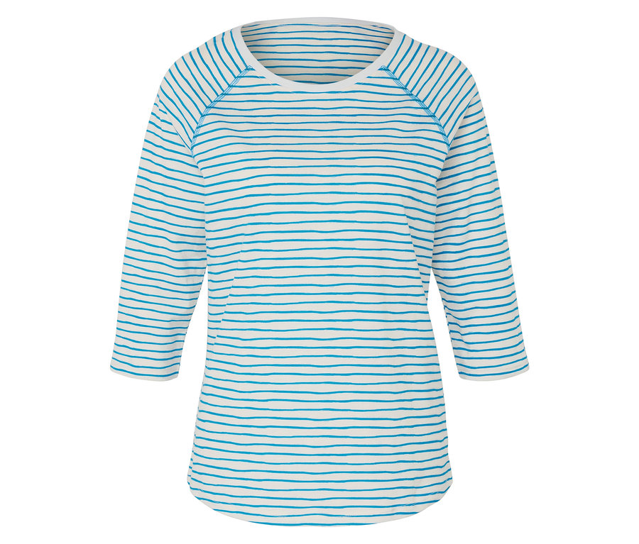 Csíkos, krémszínű, háromnegyedes ujjú felső kékeszöld csíkokkal.