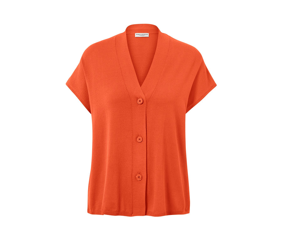 Narancssárga, rövid ujjú kardigán három gombbal.