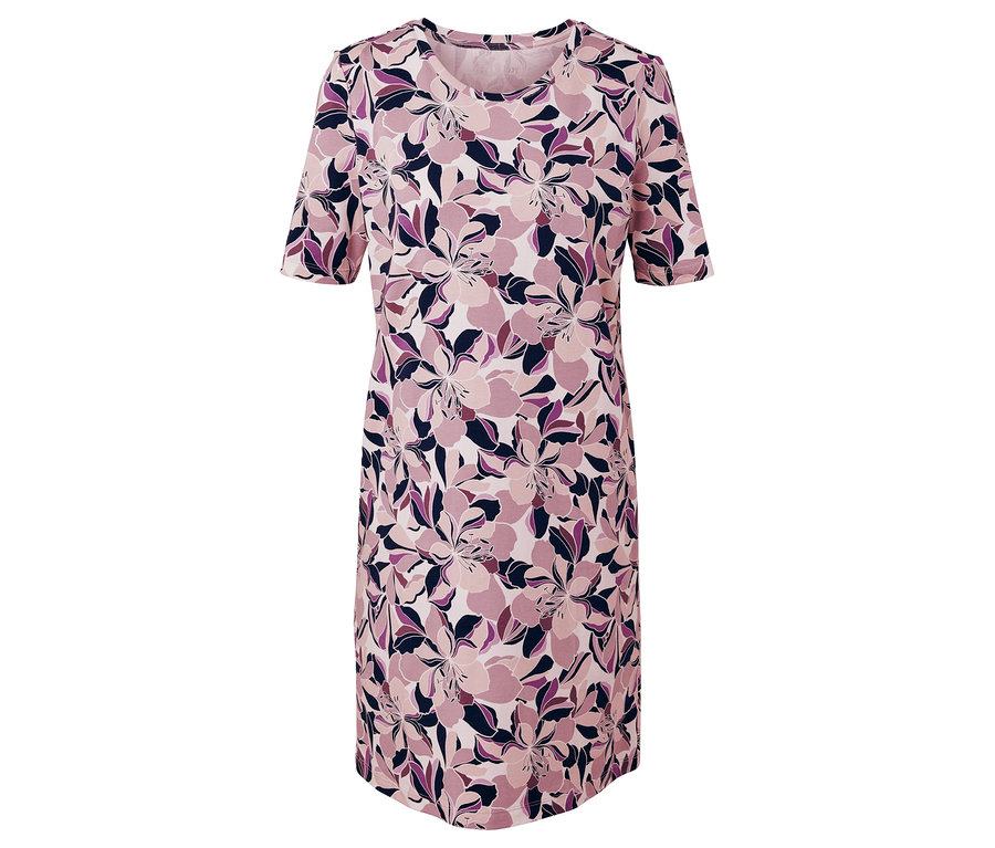 Rózsaszín, rövid ujjú ruha virágmintával.