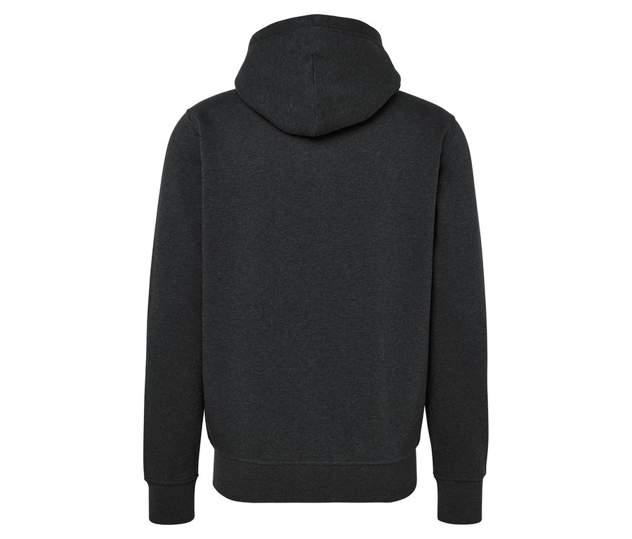 Hátulnézet egy sötétszürke kapucnis pulóverről.