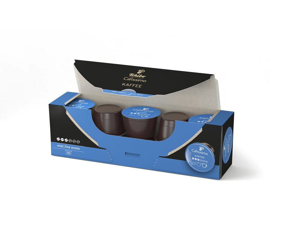 Nyitott csomagolás tíz Caffè Fine kávékapszulával.
