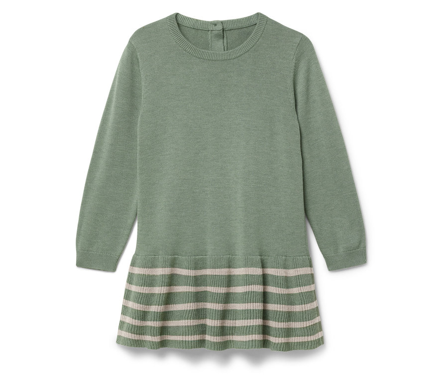 Zöld kötött ruha hosszú ujjal és csíkos szoknyával.