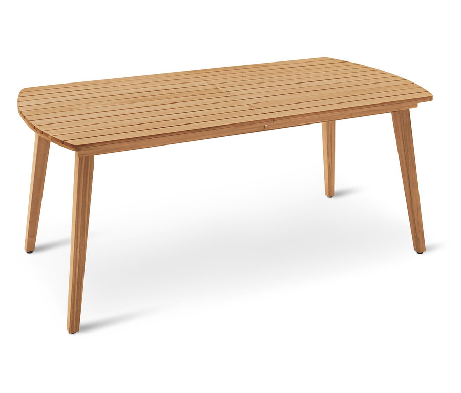 Egy téglalap alakú fa asztal lekerekített végekkel és négy lábbal fehér háttér előtt áll.