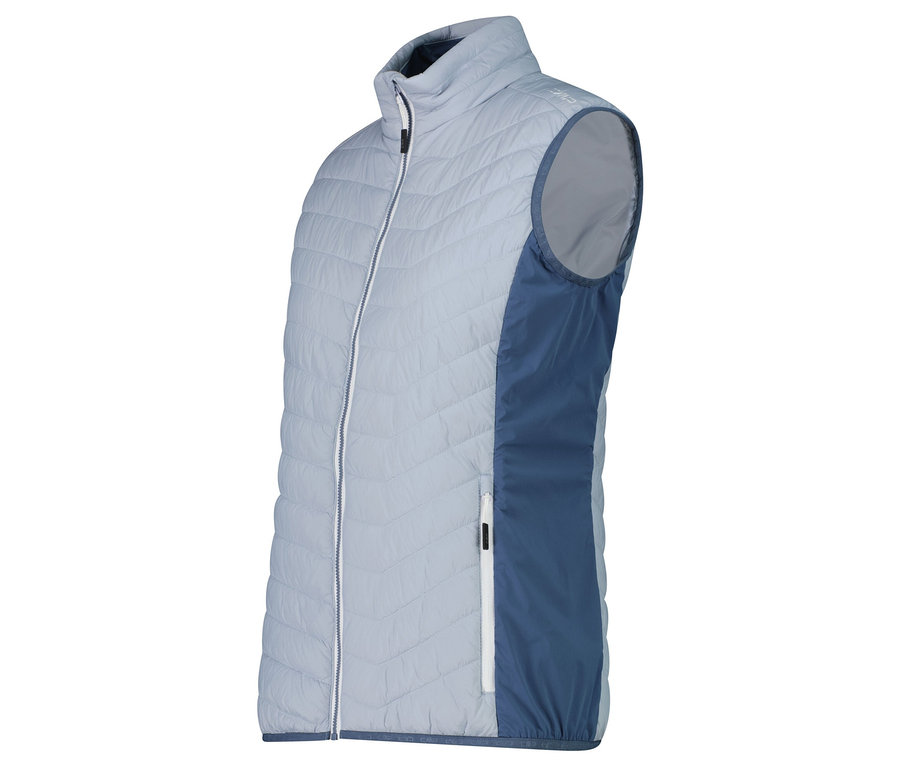 Világoskék, cipzáras, steppelt mellény sötétkék oldalsó panelekkel.