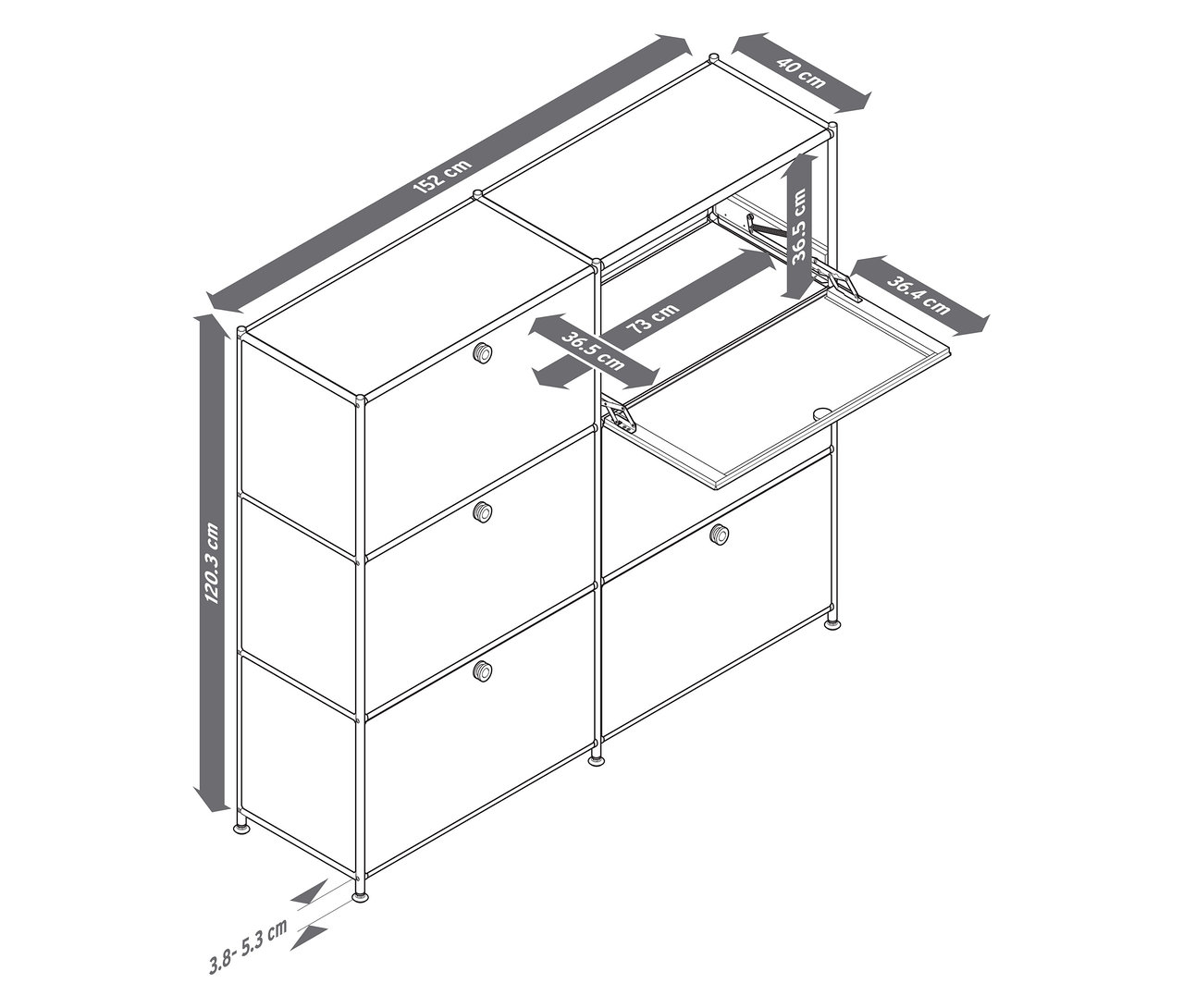 Perspektivikus kép egy »CN3« fém komódról hat lenyíló rekesszel, melyek közül az egyik nyitva van, a méretek bejelölve.