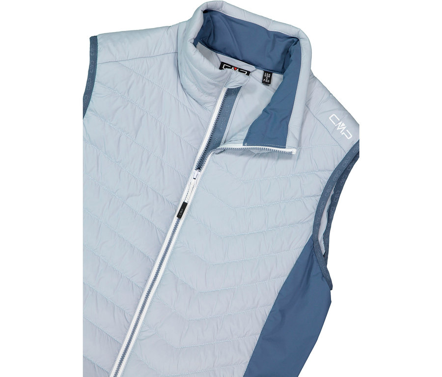 Világoskék steppelt mellény kék gallérral és cipzárral.