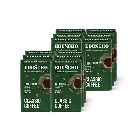 Sorban álló EDU Classic Traditional 250 g őrölt kávé csomagok.