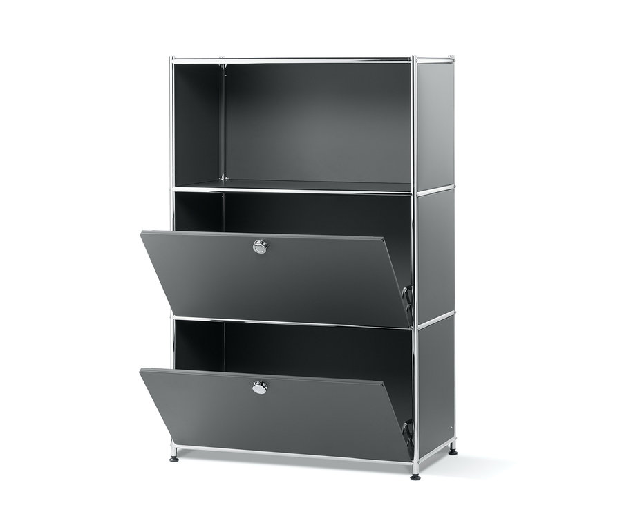 Szürke fémpolc két lenyíló ajtóval.