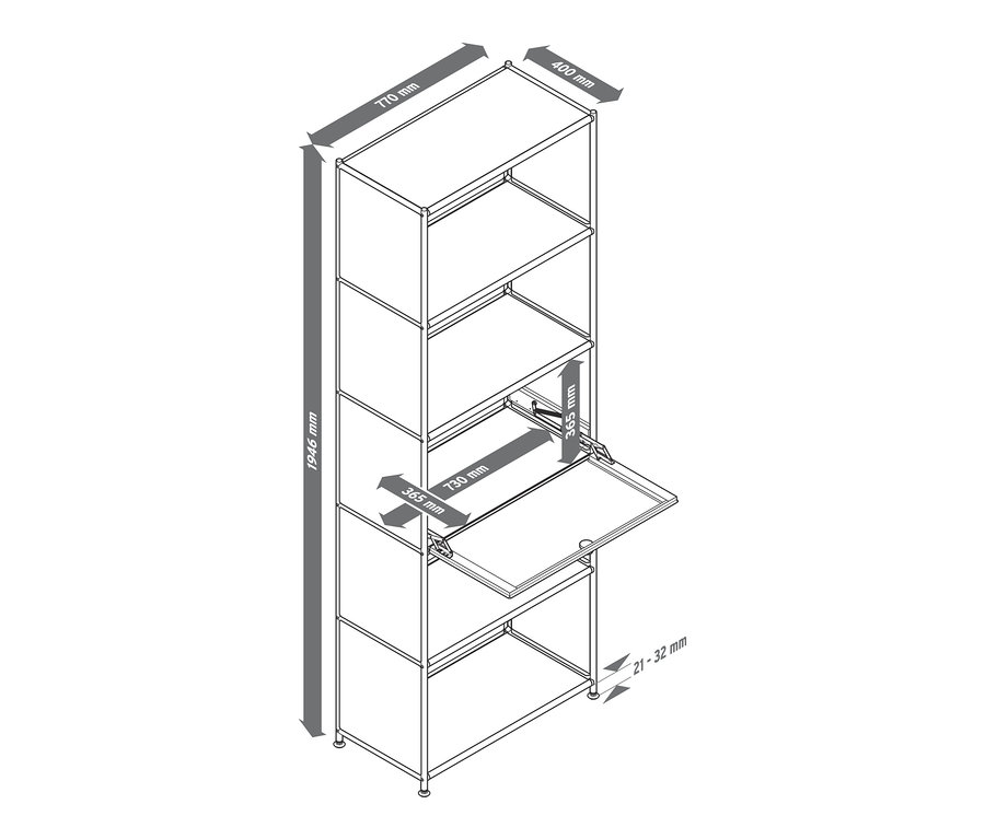 Egy magas fémpolc vázlata, lehajtható rekesszel és méretekkel.
