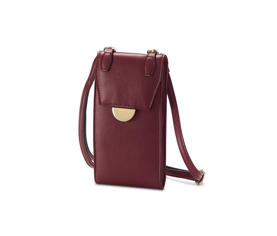 Egy bordó színű, műbőr női mini oldaltáska keskeny vállpánttal és arany színű csattal.