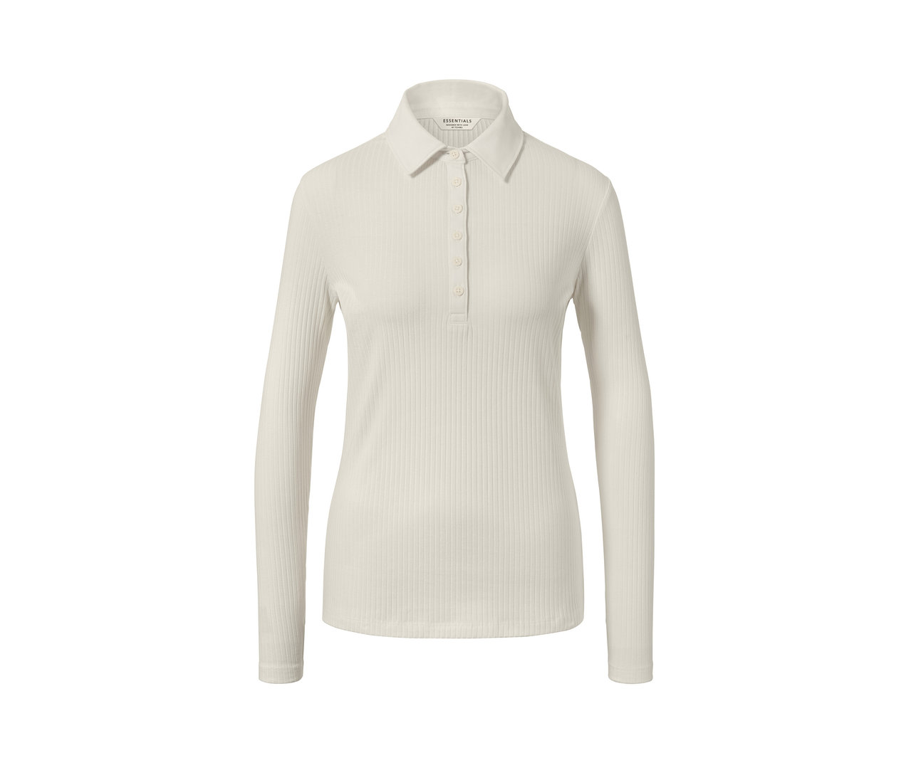 Egy krémszínű, galléros, hosszú ujjú női felső.