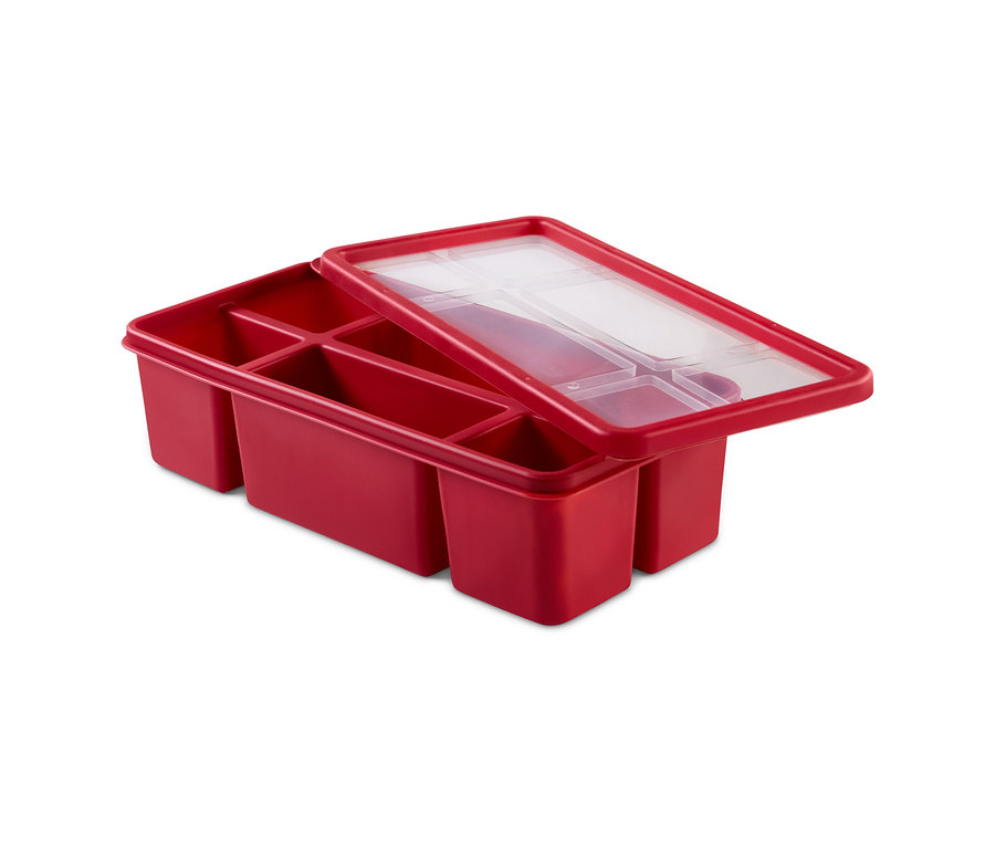 Piros 2 szilikon ételtároló doboz szettben, 6 rekesszel, átlátszó fedővel.