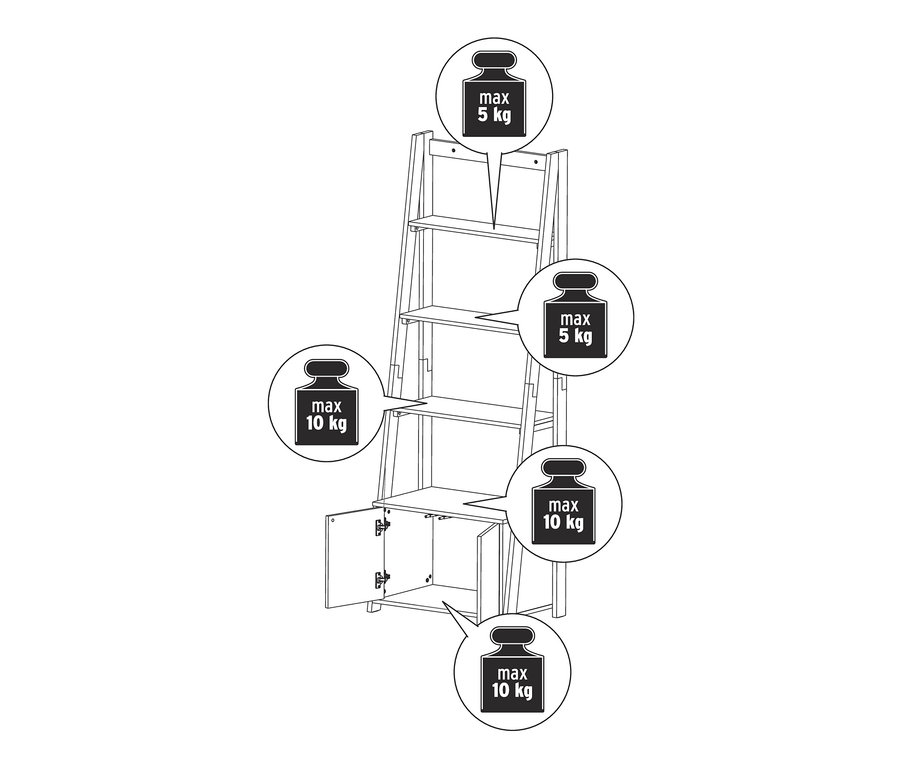 Létrapolc, 2 ajtós résszel, fa/fehér, a felső polcok maximális terhelhetősége 5 kg, az alsó polcoké és a szekrényé 10 kg.
