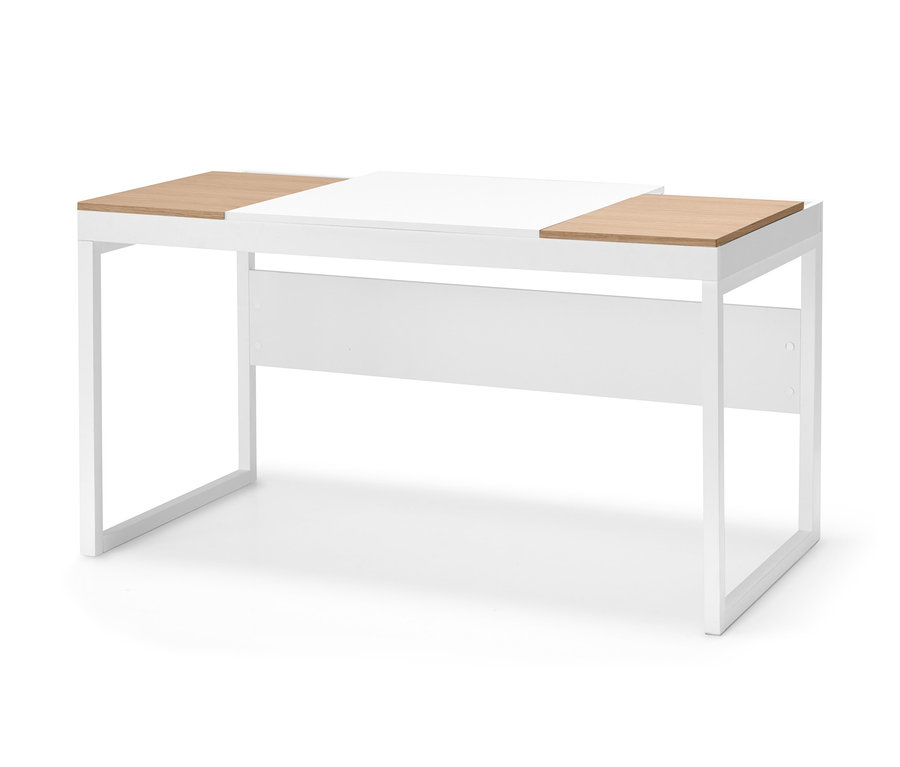 Fehér íróasztal felhajtható rekeszekkel.