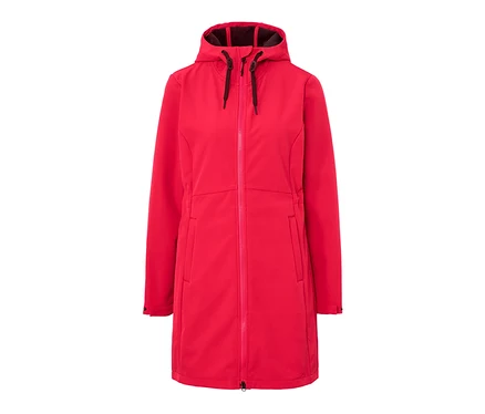 Piros softshell kabát kapucnival és cipzárral.