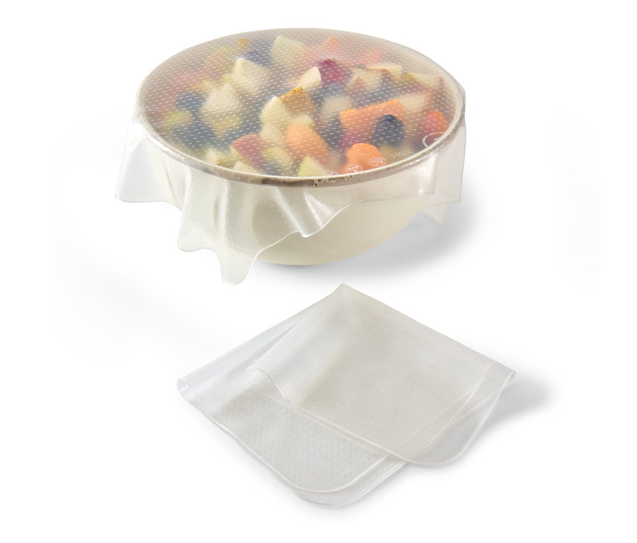 Gyümölcsös tál, lefedve az egyik 2 szilikon frissentartó fóliával.