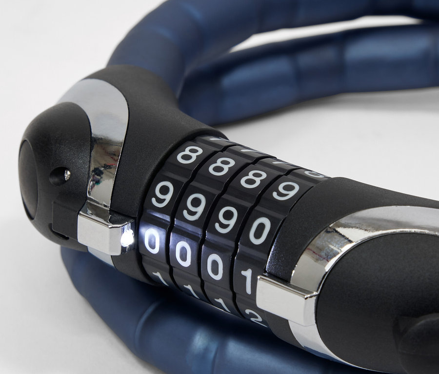 Kék LED-es kerékpáros kábelzár „0000” kombinációval.