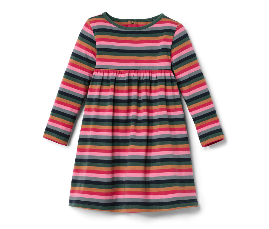 Csíkos, színes kislány dzsörzéruha.
