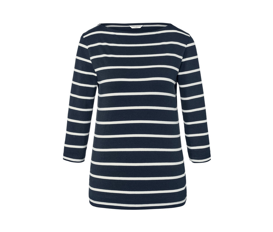 Egy 3/4-es ujjú, csíkos női felső részletfotója.