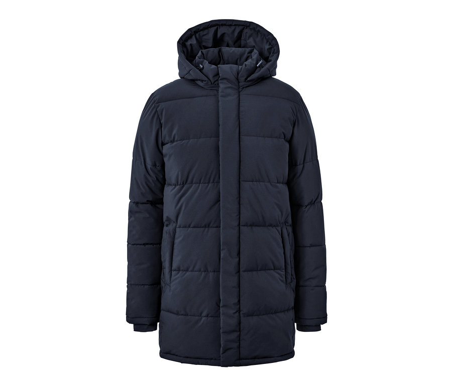 Sötétkék, steppelt parka kabát.