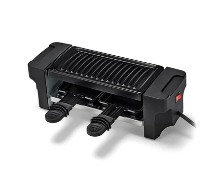 Fekete raclette grill 2 személy részére, tapadásmentes bevonattal és két serpenyővel.