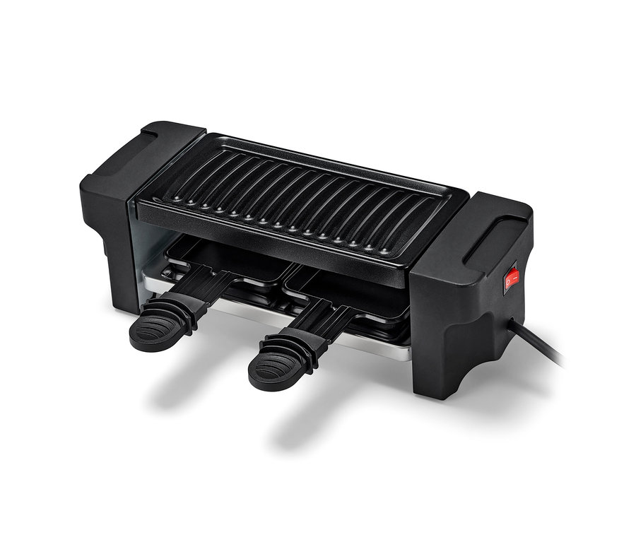 Fekete raclette grill 2 személy részére, tapadásmentes bevonattal és két serpenyővel.
