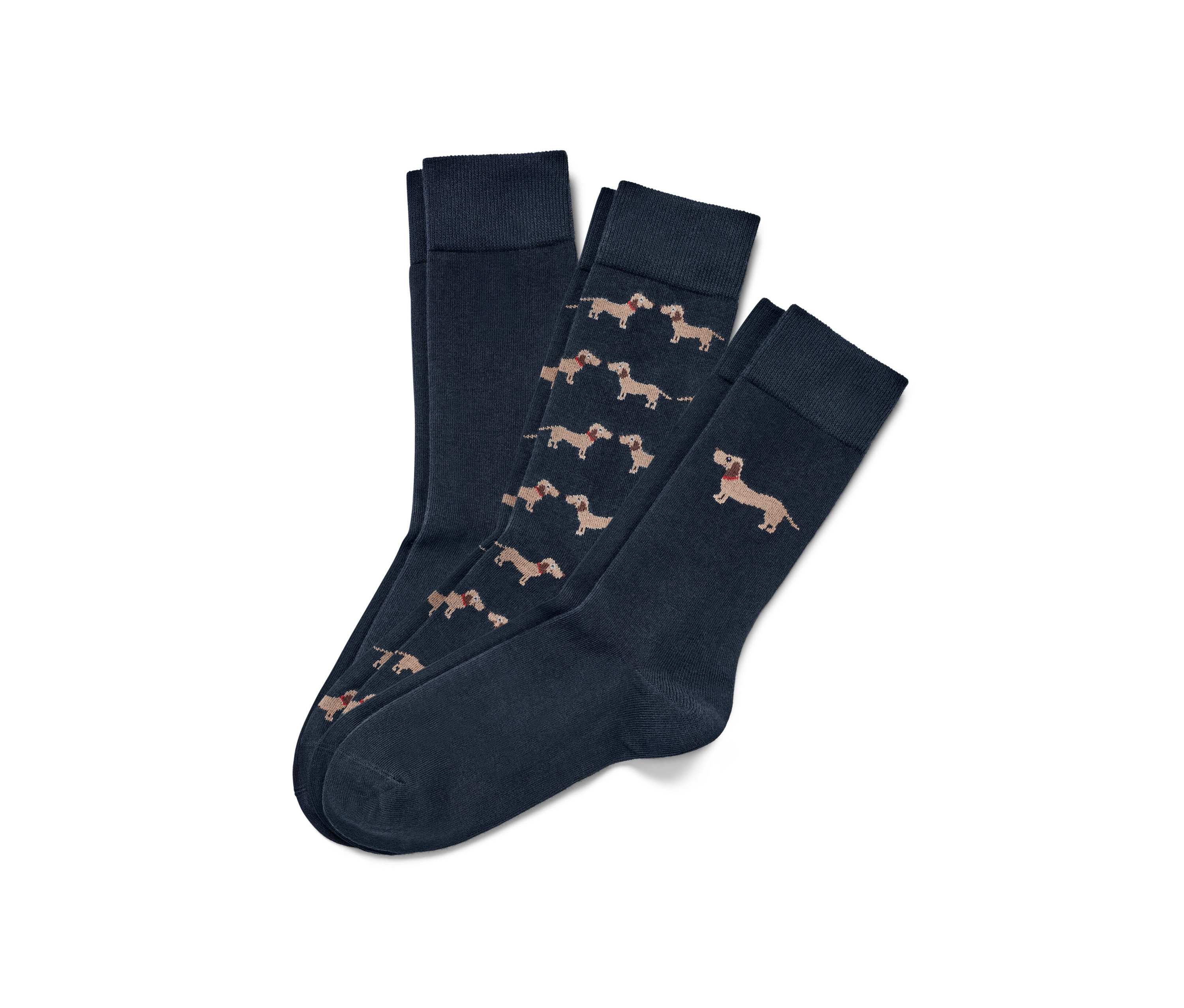 Három pár sötétkék tacskós zokni.