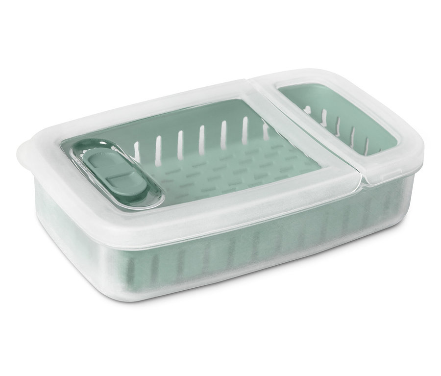 Zöld színű ételtároló doboz, fehér fedővel.