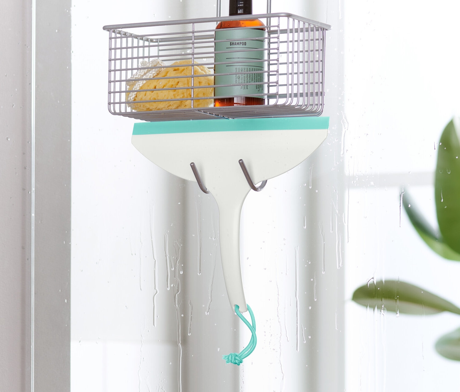 Egy Vízlehúzó lóg a zuhanykabin ajtaján.