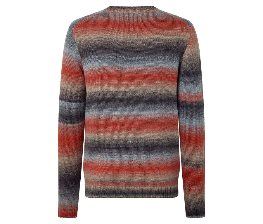 Hátulnézet egy RWS minősítésű gyapjú csíkos pulóverről.