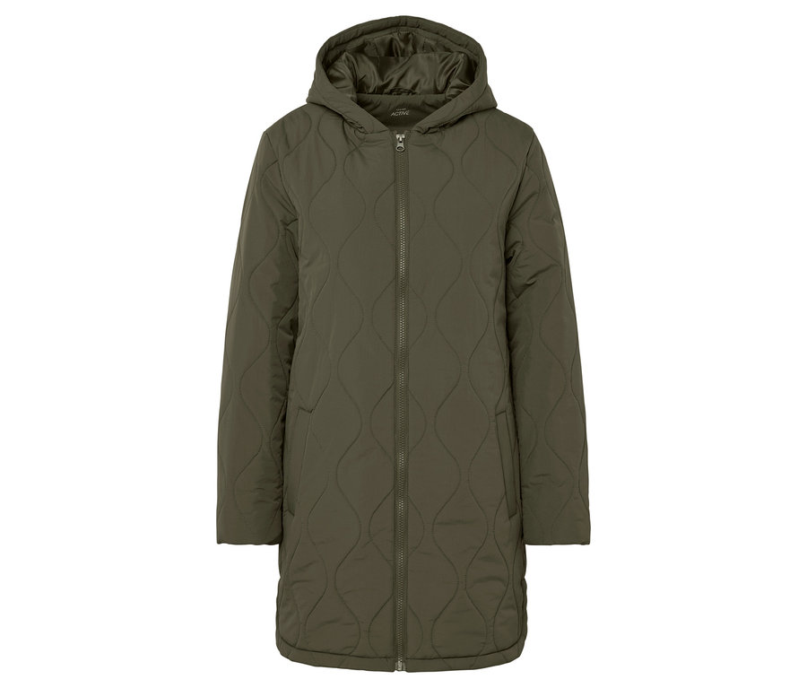 Olívazöld, steppelt kabát kapucnival és cipzárral középen.