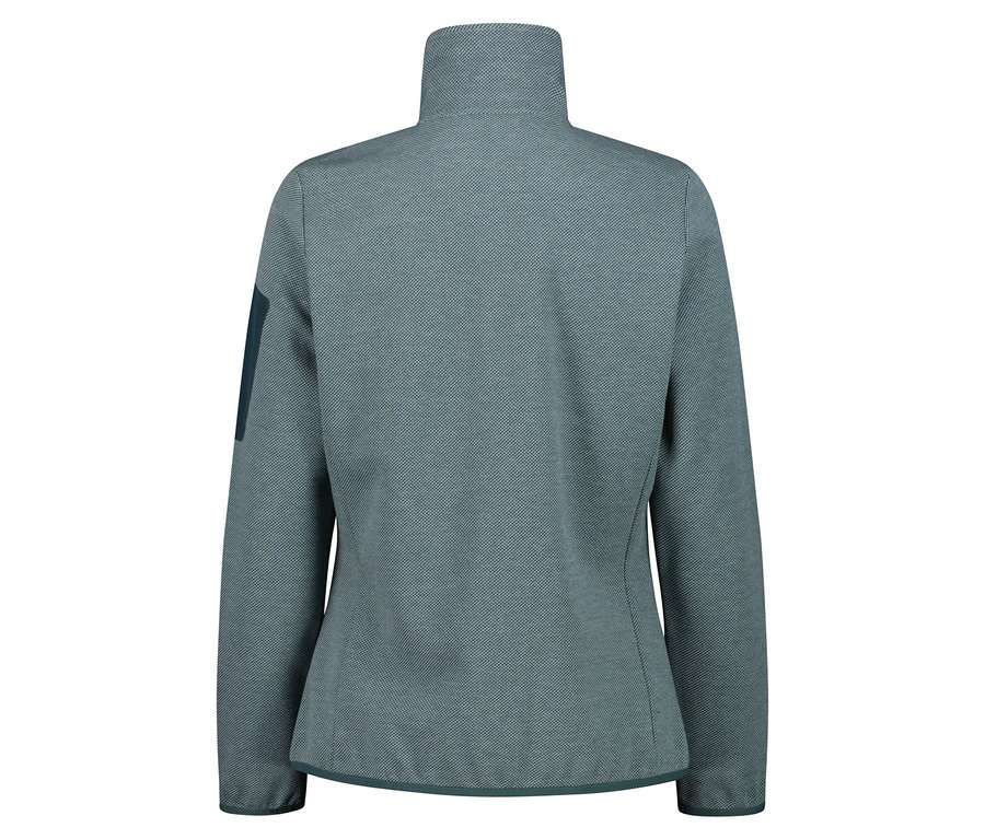 Egy zöldeskék, hosszú ujjú, magas gallérú fleece pulóver részletes hátsó nézete.