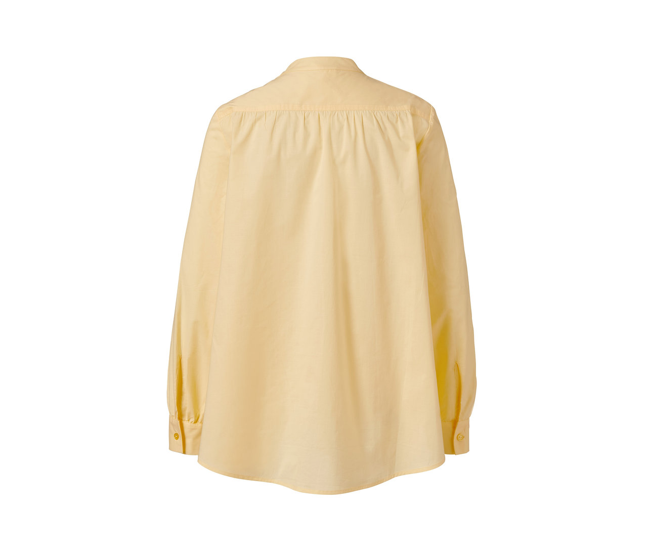 Hátulnézet egy világossárga női poplin blúzról.