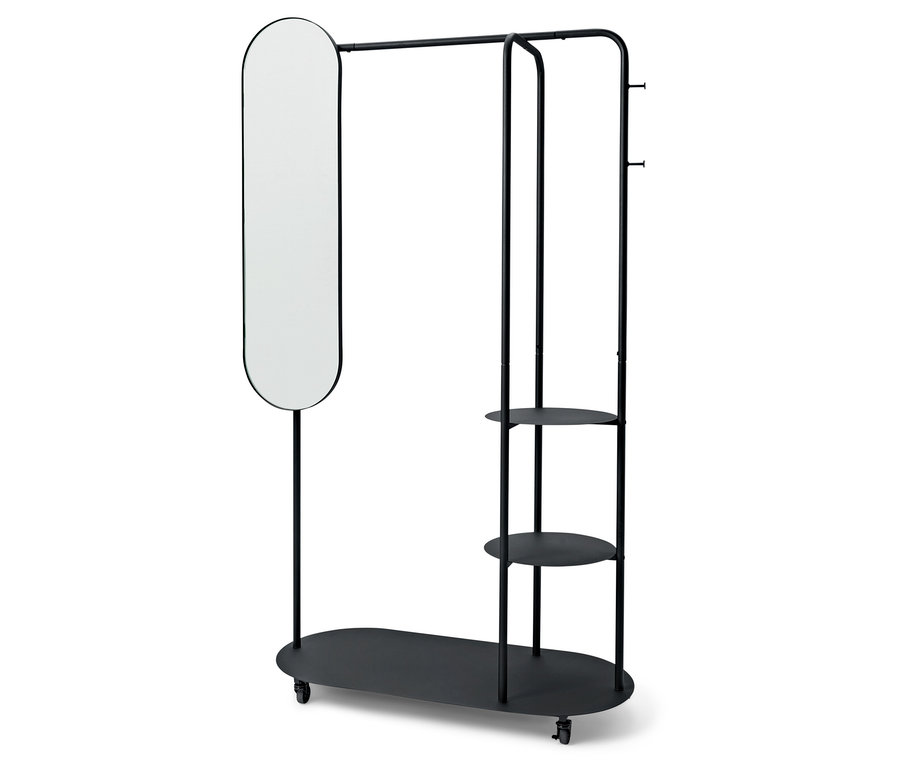 Fekete ruhatartó állvány ovális tükörrel és polcokkal.