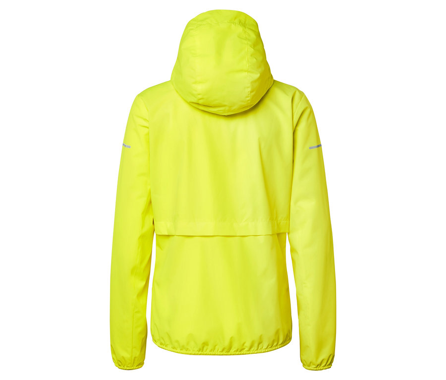 Hátulnézet egy neonsárga, kapucnis kabátról.
