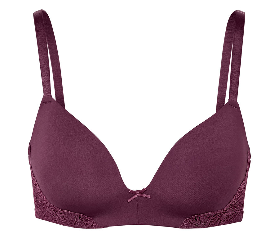 Lila színű melltartó csipkével és masnival a közepén.