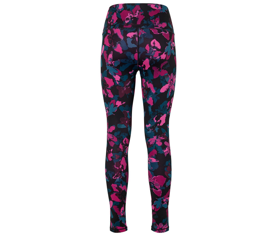 Fekete leggings rózsaszín és kék virágmintával.