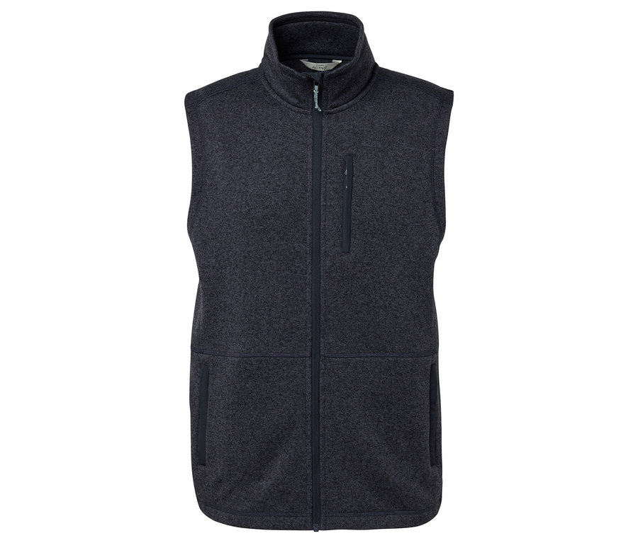 Sötétszürke fleece mellény cipzárral és zsebekkel.