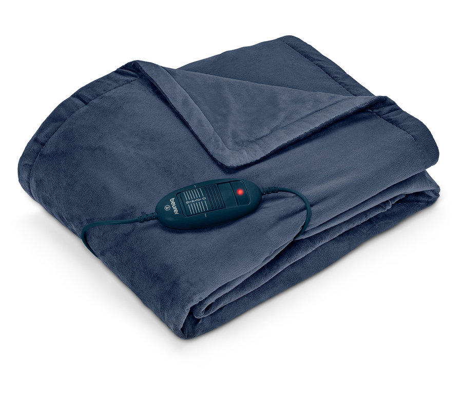 Összehajtott sötétkék elektromos takaró Beurer vezérlővel és piros jelzőfényel.