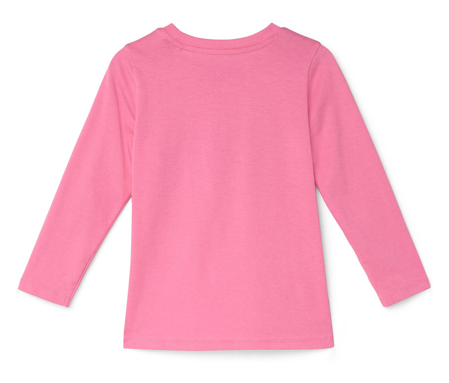Egy rózsaszín, hosszú ujjú póló fekszik fehér háttéren.