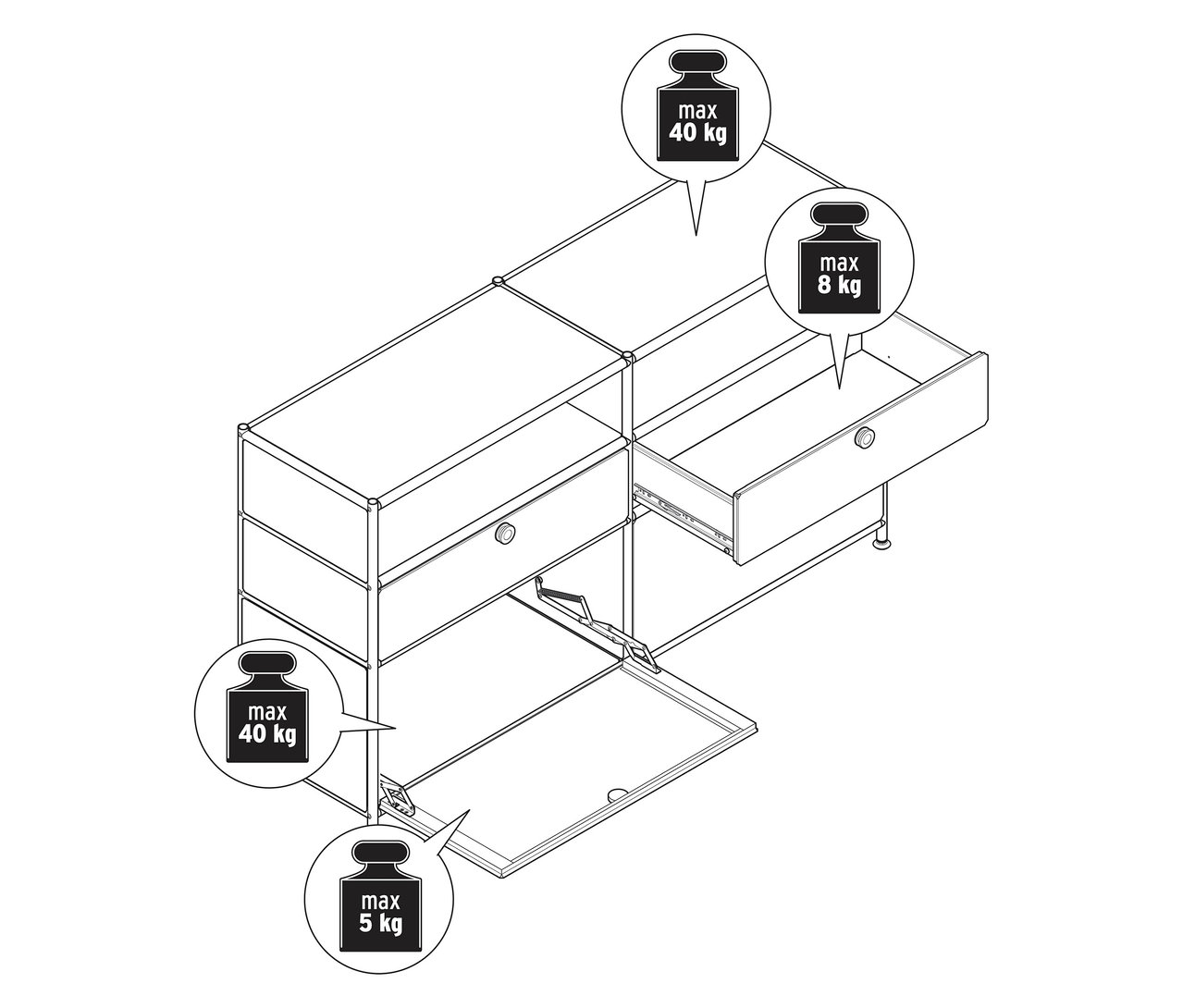 Vázlat egy "CN3" fém komódról, 2 lenyíló ajtós rekesszel, 2 fiókkal és 2 nyitott rekesszel.