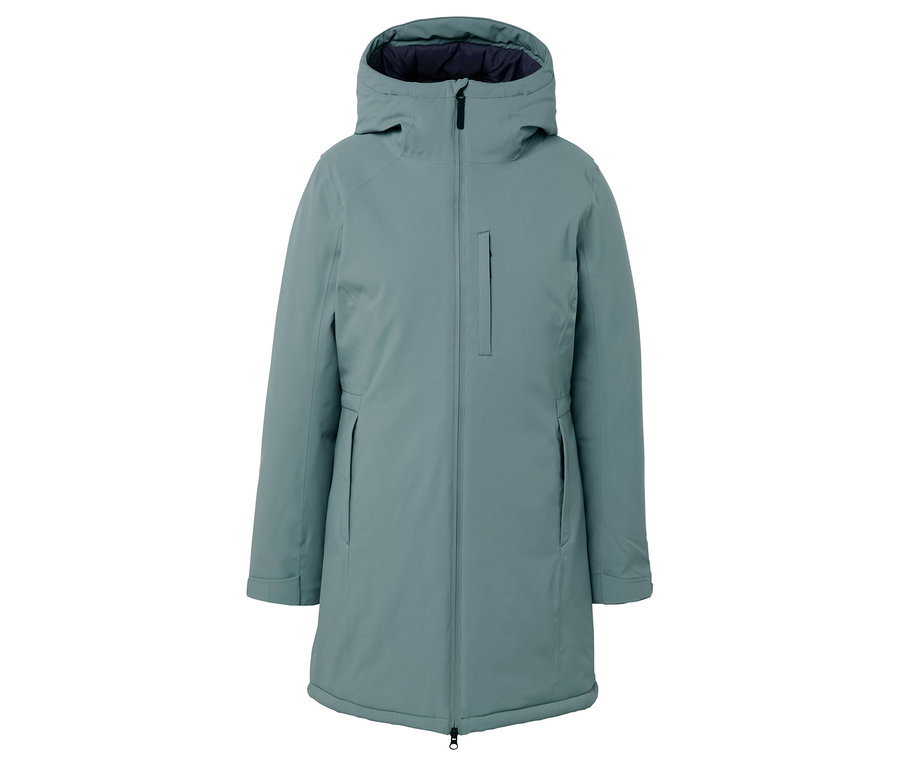 Türkizkék téli kabát kapucnival és cipzárral.